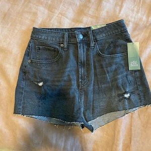 Cut up fringe distressed black denim shorts